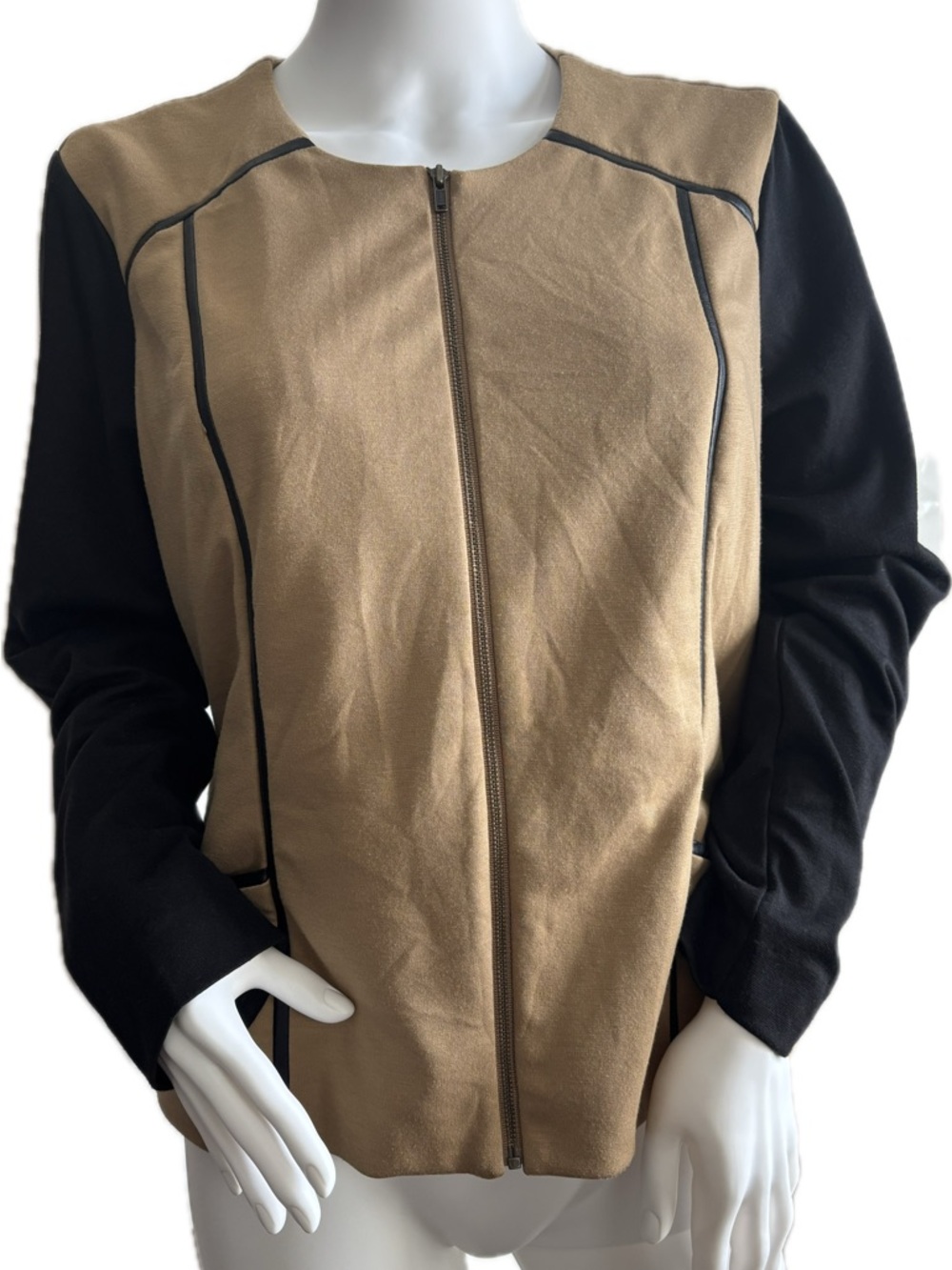 Tailored Zip-Front Colorblock Blazer Jacket - Camel & Black